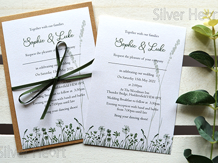 Wild Meadow invitation with satin bow and envelope